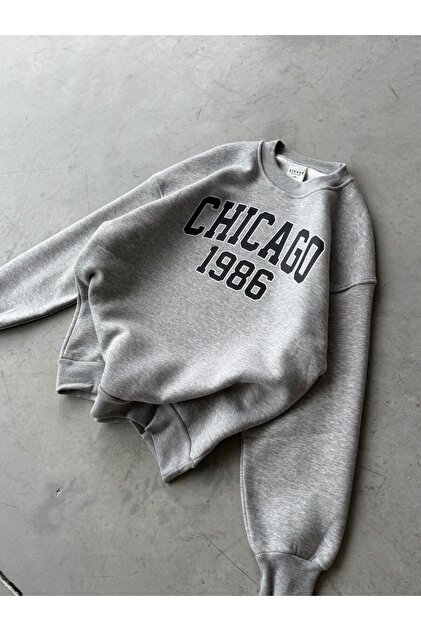 Chicago Printed Oversize 3 Thread Crew Neck Sweatshirt Grimelange