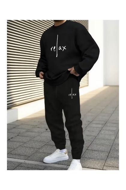 Black Relax Printed Oversize Tracksuit Set Unisex Sweatshirt Pants Set