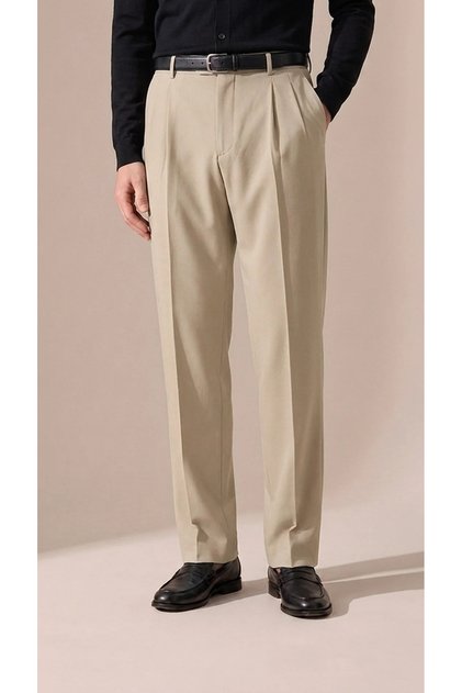 Men's elastic waist pleated relaxed fit fabric trousers