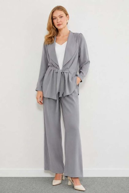 Women's Double-Breasted Side-Tie Long Jacket and Elastic Waist Ankle-Length Trousers Fabric Suit 2150