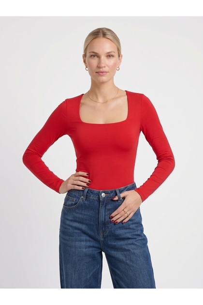 Women's Long Sleeve Square Neck Slim Fit Stretchy Bodysuit