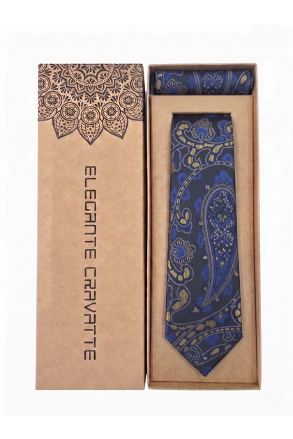 Navy Blue Golden Yellow Shawl Patterned 7 cm Tie and Pocket Square Set with Special Box