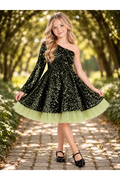 Sequined One-Shoulder Tulle Skirted Girl's Dress with Bow and Crown Accessories