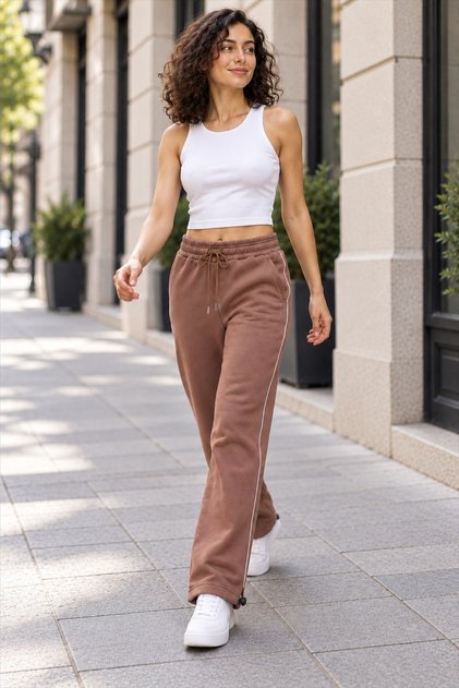 Baggy, Cuffed, Side-Piping, 3-Threaded, Winter Women's Brown Sweatpants