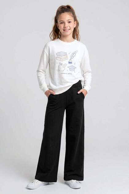 Girl's 11-15 Years Old Steel Knitted Palazzo Sweatpants Black
