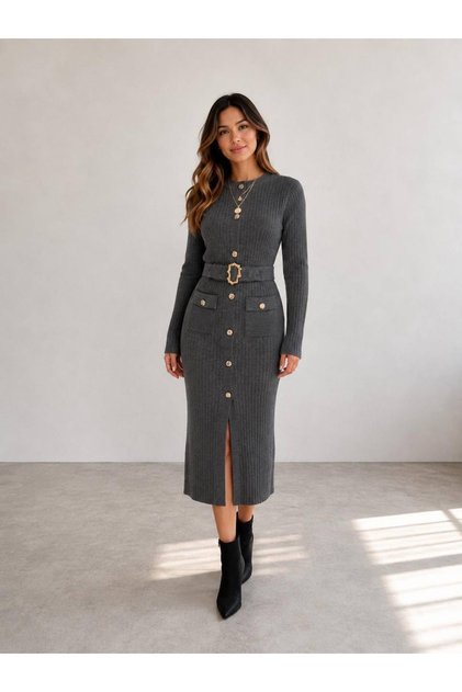 Women's Knitwear Slit Dress with Belt Detail