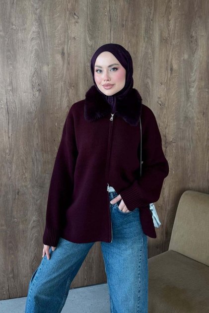 Aphrodite Fur Collar Cardigan Plum