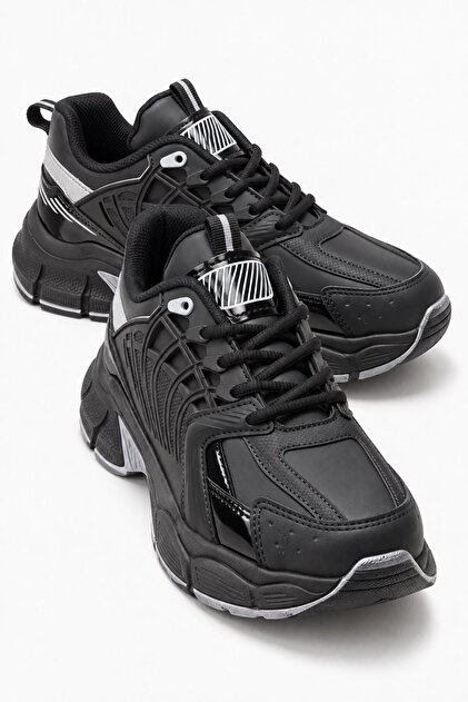 Side-Panel Tied Leather Women's Sneakers Black Silver