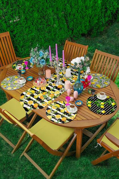 6+1 Piece Black and White Geometric Drawing Lemon Themed Supla Runner Set