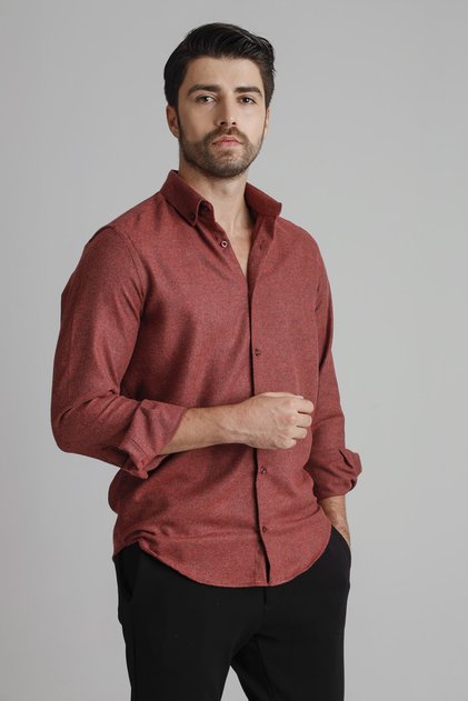 Erkek Bordo Oduncu Melanj Kışlık Düğmeli Yaka Cepsiz Modern Fit Gömlek