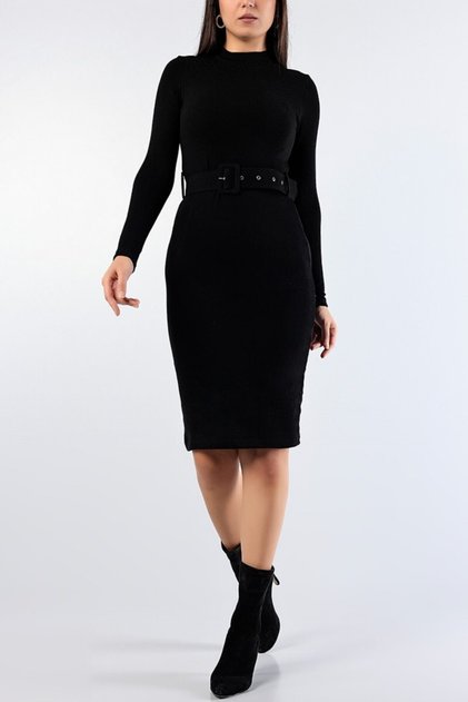 Women's Black Turtleneck Collar Belt Detailed Knitwear Midi Dress Dks-002