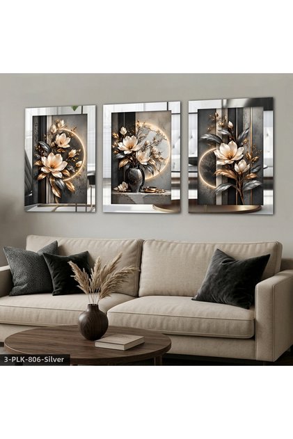 Gold Silver Leaf Flower 3 Piece Plexi Mirrored Table