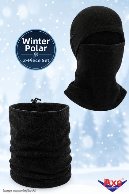Winter Black Fleece 2-Piece Set: Convertible Drawstring Neck Gaiter + Snow Mask for Outdoor Cold Weather Protection