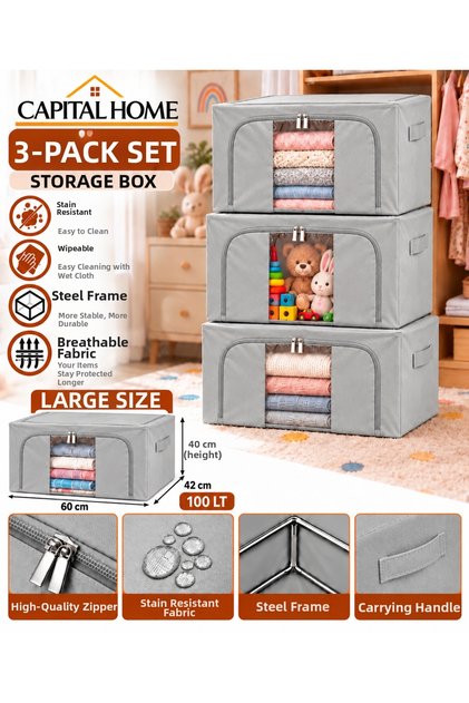 Set of 3 Large Size 60 X 42 X 40 cm Bag with Steel Frame + Transparent Windows + Double Zippers