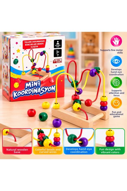 Mini Coordination Game Wooden Beaded Attention and Hand-Eye Coordination Toy 3+