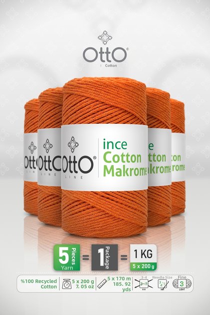 Thin Cotton Macrome • Orange • 5-Pack × 200 Gr / 170 m • 2 mm • Cotton Cord • Macrame, Bags, Accessories
