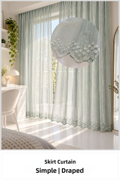 Water Green Polka Dot Tulle Curtain | Lace Embroidered Skirt | Country Style | Sık Pile | Custom Size