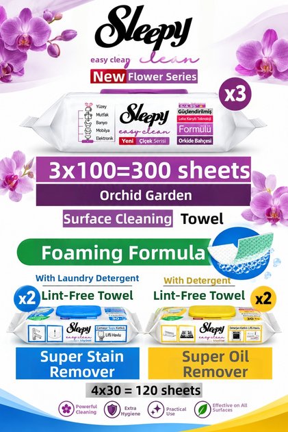 Easy Clean Orkide Bahçesi 3 X 100 300 Pieces Surface Cleaning Towel + Foaming Formula Fiber Towel Set – 420 Sheets