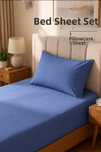 Single Cotton Combed Breathable Fabric Elastic Bed Sheet 1 Piece Pillowcase Gift Blue
