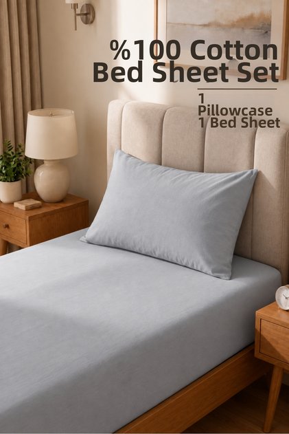 Single Cotton Combed Breathable Fabric Elastic Bed Sheet 1 Piece Pillowcase Gift Gray