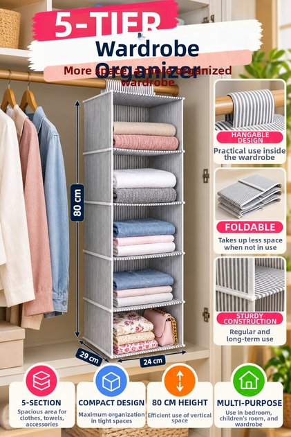 5-Tier Foldable Hangable Closet Organizer Cloth Shelf Gray Striped 5-Compartment Closet Organizer