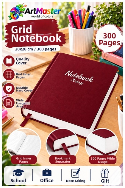 Burgundy Hardcover Checkered Notebook 300 Sheets 20X28Cm 1 Piece Multi-Leaf Hard Cover Notepad Account Book School Office Stationery