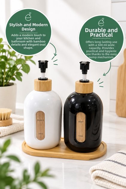 Set of 2 500 ml Liquid Soap Dispensers and Detergent Dispensers with Bamboo Details – Black and White Pump Dispensers with Bamboo Stand