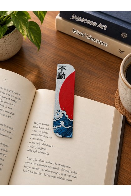 Decorative Bookmark with Japanese Wave Theme and the Slogan'Unshaken' – Themed, Red & Blue Bookmark