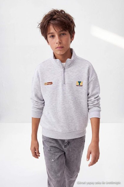Gray Melange Thick Boy's Stand Collar Printed Knitted Sweatshirt Tkdaw27Sw00057