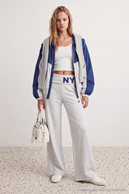 Gray Melange Soft/Soft Touch Folded Waist Printed Wide Leg Knitted Sweatpants Twoaw27Ea00035