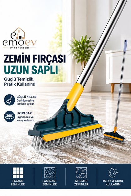 2'si 1 Arada Uzun Saplı Zemin Fırçası Ve Çekpas 360° Döner Başlıklı Derz Ve Fayans Temizleyici