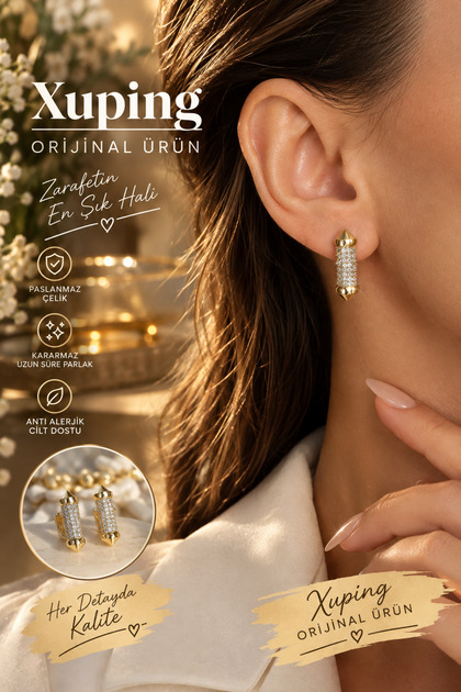 Xuping Paslanmaz Çelik Zirkon Taşlı Gold Küpe