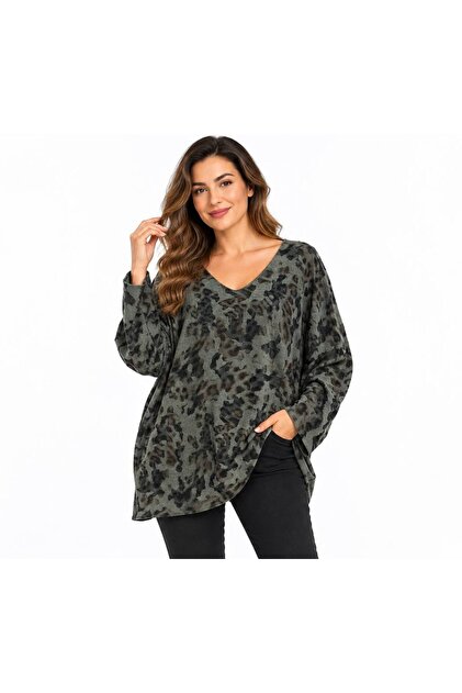 İtalyan Tasarım Kadın V Yaka Leopar Desenli Dökümlü Triko Bluz / Kazak (38-50 Beden Uyumlu)