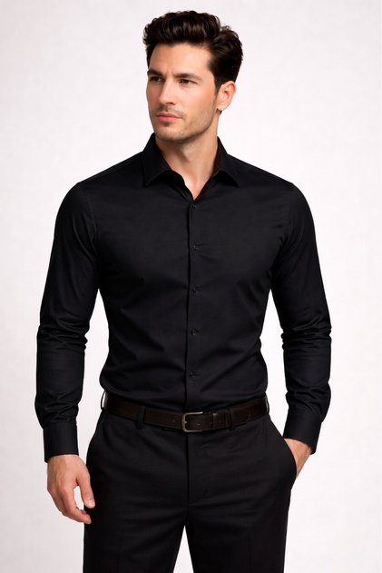 Slim Fit İtalyan Yaka Pamuklu Düz Siyah Gömlek GK 762
