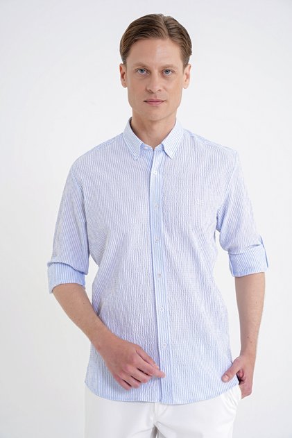 Comfort Fit Fold Cuff Collar 100% Cotton Blue White Striped Shirt g 1600