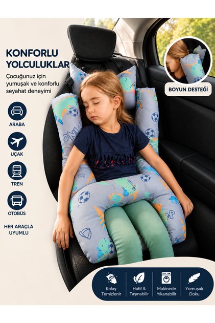 Dino desenli 2-8 yaş seyehat yastığı, emniyet kemeri yastığı,çocuk emniyet kemeri yastığı
