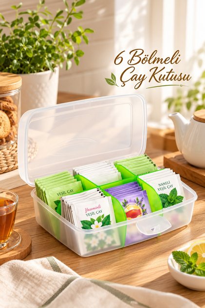 1178 6 Bölmeli Kapaklı Çay Kutusu-Çok Amaçlı Takı Aksesuar Düzenleyici Poşet Bitki Çayı Saklama Kabı