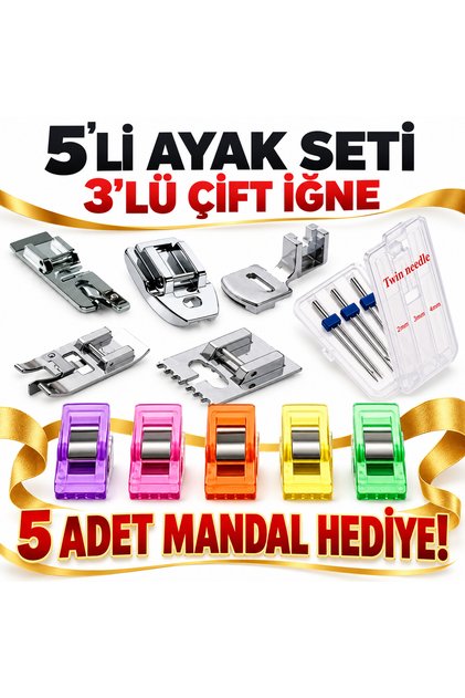 Singer Zetina Janome Brother Homemax Sinbo 5'li Ayak Seti ve 3'lü Çift Iğne Seti-5 ADET KUMAŞ MANDALI HEDİYE
