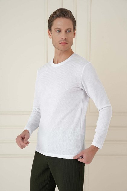 Slim Fit Flexible Cotton Textured Long Sleeve White T-Shirt Ts 889