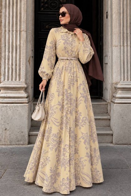 Yakalı Beli Lastikli Desenli Sarı Tesettür Elbise 2495SR