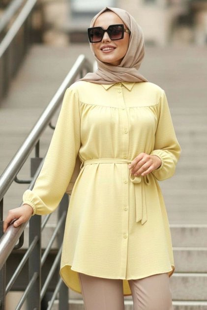 Buttoned Yellow Hijab Tunic 10184Sr