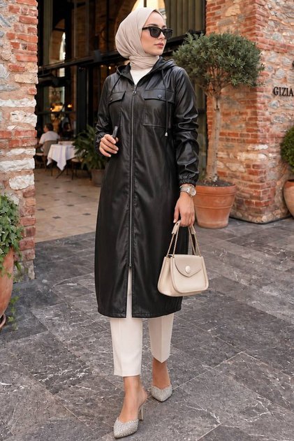 Hooded Black Leather Hijab Cap 1503S