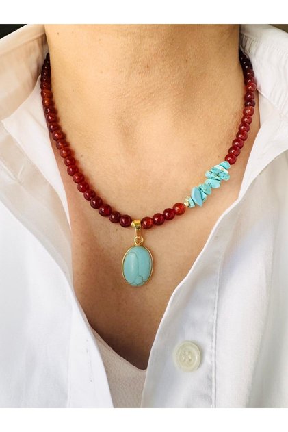 Turquoise and Agate Natural Stone Necklace 48 cm