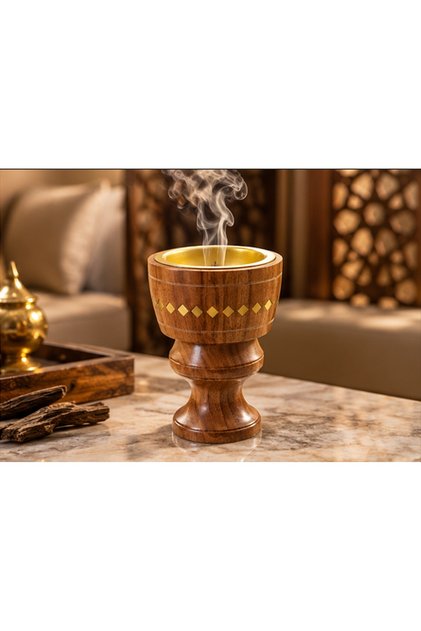 Wooden Incense Burner with Brass Inlay and Metal Bowl - Oud and Incense Burner for Home and Mosque - Oriental Decor