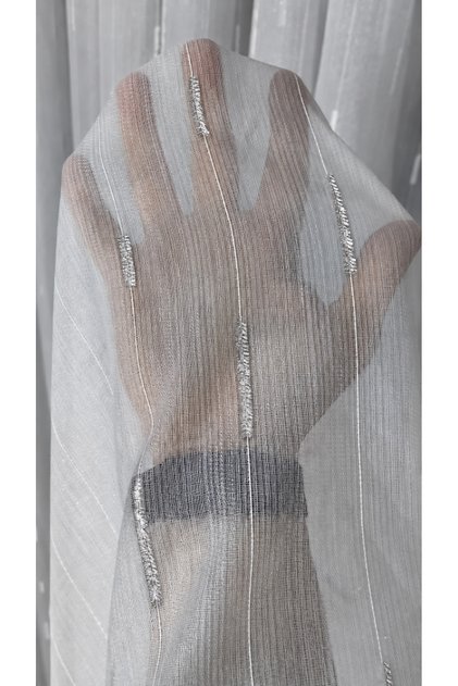 Silver Detailed Bamboo Tulle Curtain with Vertical Stripes and Ruffle Detail, 1/3 Dense Pleats, Wrinkle-Resistant, No Ironing Required, Modern