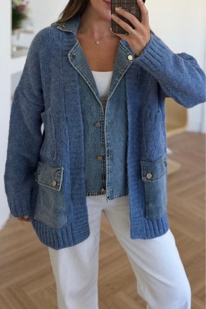 WOMEN'S JEANS GARNISH LARGE POCKET OVERSIZE CARDIGAN