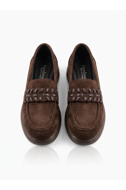 Women's Dark Brown Premium Suede Handmade Knitted Detailed Masculine Loafer