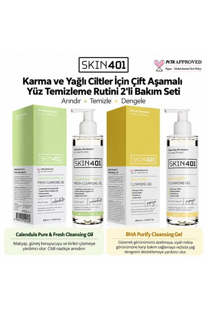 Çift Aşamalı Yüz Temizleme Rutini (Karma ve Yağlı Cilt Tipleri)-Yağ Bazlı Temizleyici + Salisilik Asit BHA Jel, Siyah Nokta Karşıtı