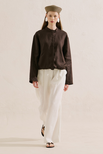 Linen Bomber Style Shirt Acikahve