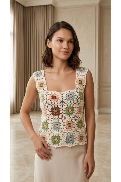 Hand Knitted Colorful Motif Strappy Women's Blouse Bady Sweater New Season Top Clothing